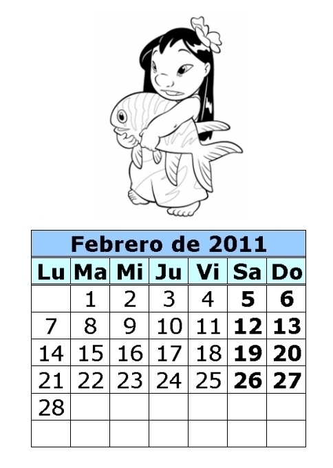 Calendario Mes de Febrero 2011 para colorear