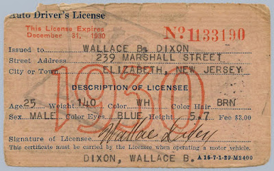 1930 NJ Auto Driver's License issued to Wallace B. Dixon for his 1926 Overland Coach. Privately held by E. Ackemann, 2016.