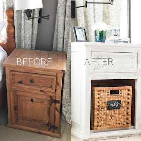 How to whitewash dated pine bedside tables with white chalk paint for a fresh farmhouse look. Includes before and after photos | personallyandrea.com