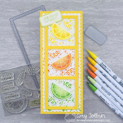 Inky Paws Challenge Color Challenge - Lemon Twist stamp and die set, Slimline Frames and Portholes die set, Slimline Frames and Windows die set, Framework die set by Newton's Nook Designs #newtonsnook #handmade