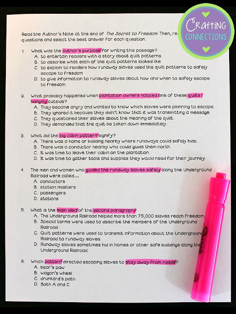 FREE TEST PREP PRINTABLE! This blog post contains a test prep activity that can be used with the read-aloud book The Secret to Freedom. Use the author's note to model an excellent test-taking strategy!