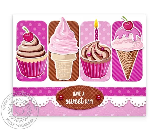 Sunny Studio Sweet Day Scalloped Birthday Card (using Scrumptious Cupcakes & Two Scoops Stamps, Ribbon & Lace Border Dies and 6x6 Dots & Stripes Paper)