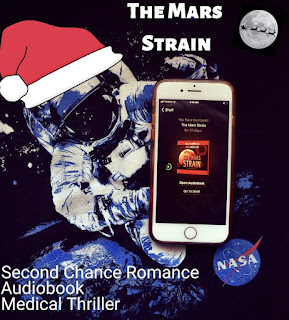 The Mars Strain audiobook, with the rd planet behind the title, being held by a white, puffy-suited astronaut wearing a cartoon santa hat as they float above the Earth