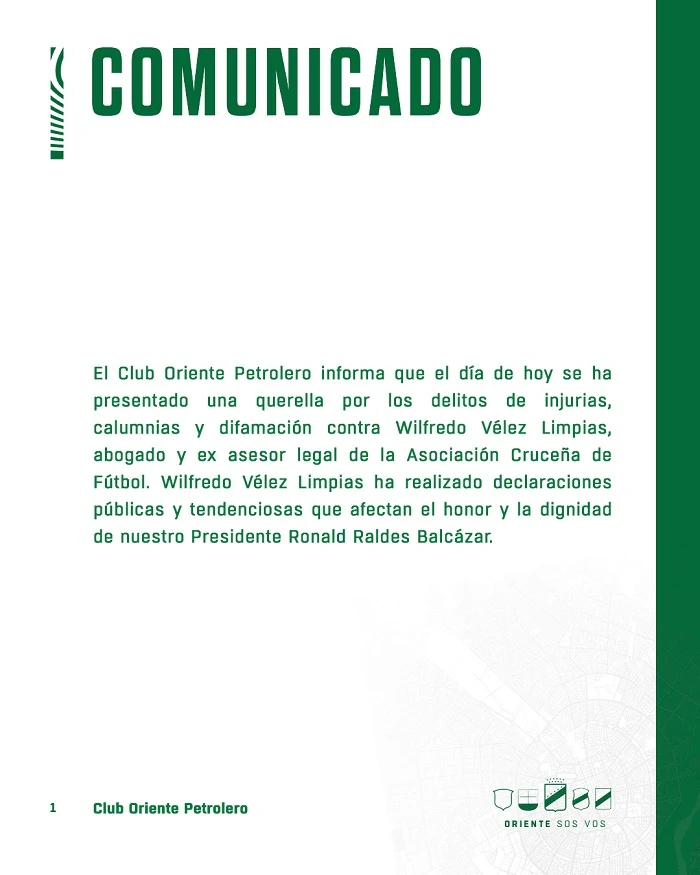 Oriente Petrolero y Blooming demandan al abogado y ex asesor de la ACF Wilfredo Velez Limpias