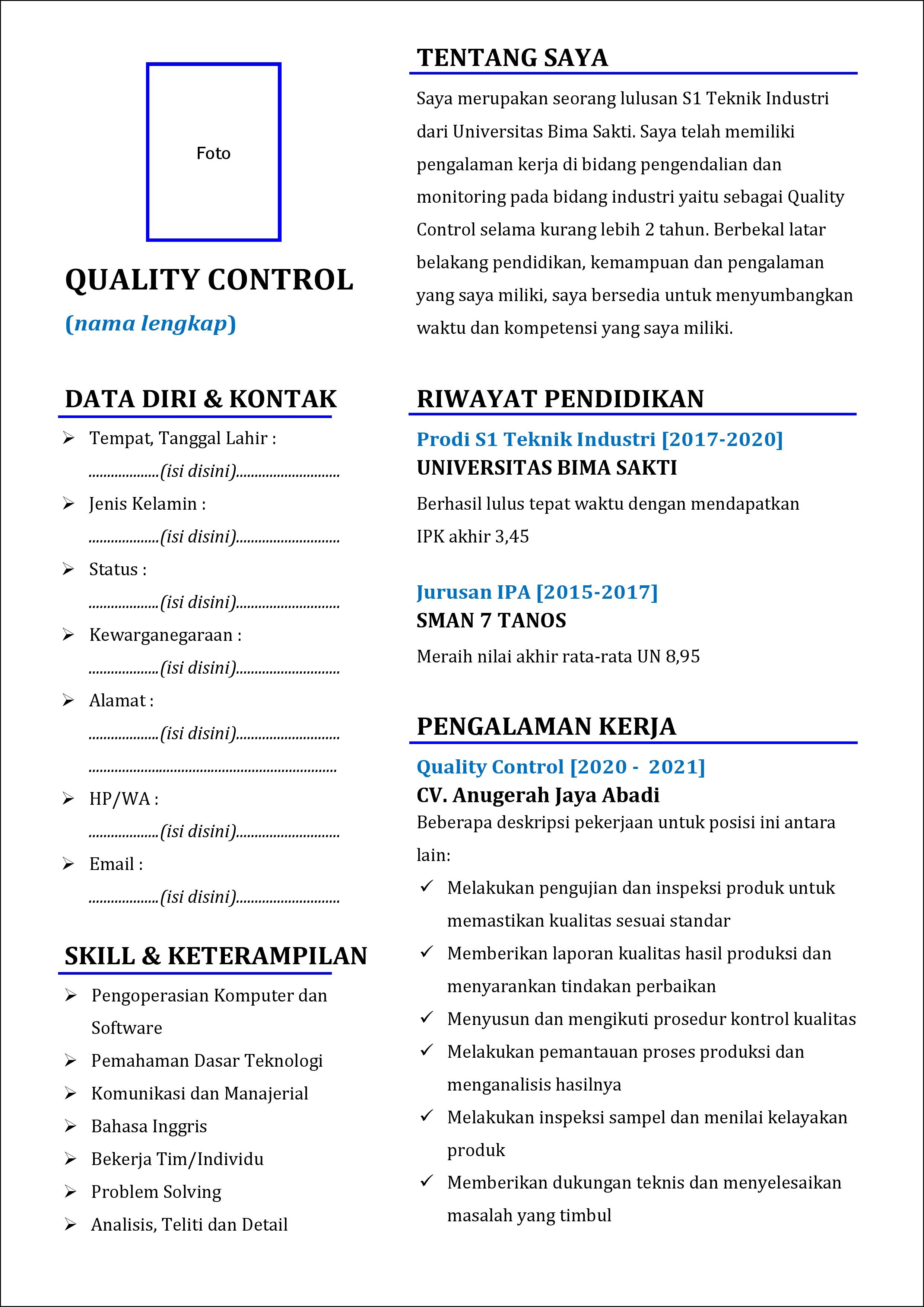 contoh 1 daftar riwayat hidup Quality Control yang punya pengalaman kerja (experience)