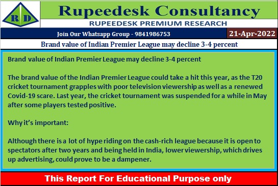 Brand value of Indian Premier League may decline 3-4 percent - Rupeedesk Reports - 21.04.2022