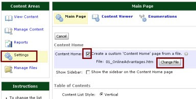 D2L Content Settings showing the custom homepage settings.