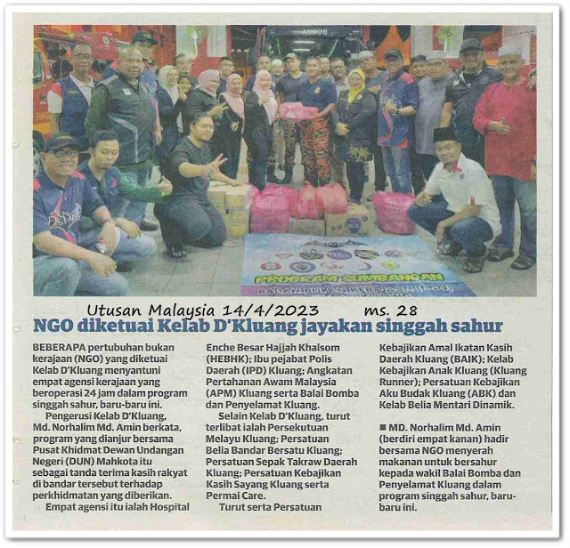 NGO diketuai Kelab D'Kluang jayakan singgah sahur - Keratan akhbar Utusan Malaysia 14 April 2023