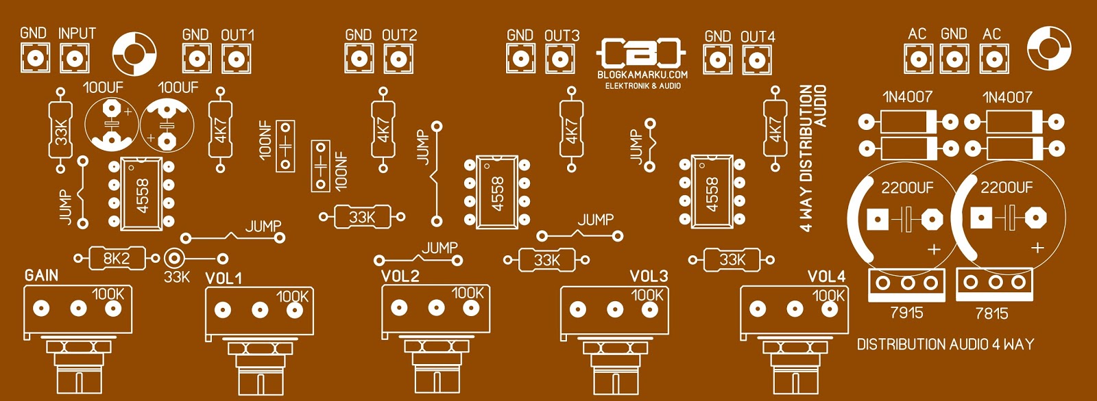 Rangkaian power supply untuk amplifier Lapangan Clas AB Layout