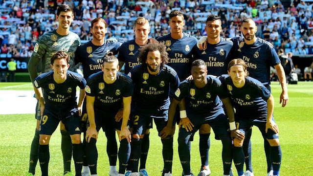 REAL MADRID C. F. Temporada 2019-20. Courtois, Sergio Ramos, Kroos, Varane, Casemiro y Benzema; Odriozola, Gareth Bale, Marcelo, Vinicius y Modric. REAL CLUB CELTA DE VIGO 1 (Iker Losada) REAL MADRID C. F. 3 (Benzema, Kroos, Lucas Vázquez). 17/08/2019. Campeonato de Liga de 1ª División, jornada 1. Vigo, Pontevedra, estadio de Balaídos.