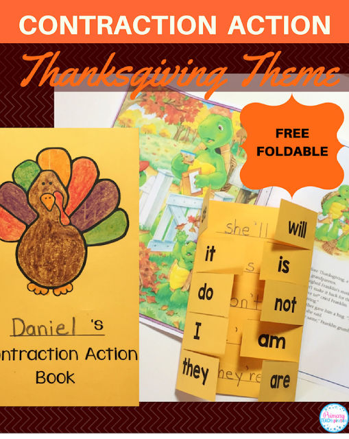 Grab a FREE template and see how I review contractions and other important skills in November with my students. We have fun with Thanksgiving-themed books, games, math & literacy reviews, and activities like this contraction foldable (free template). #contractions #teachingcontractions #contractionactivity