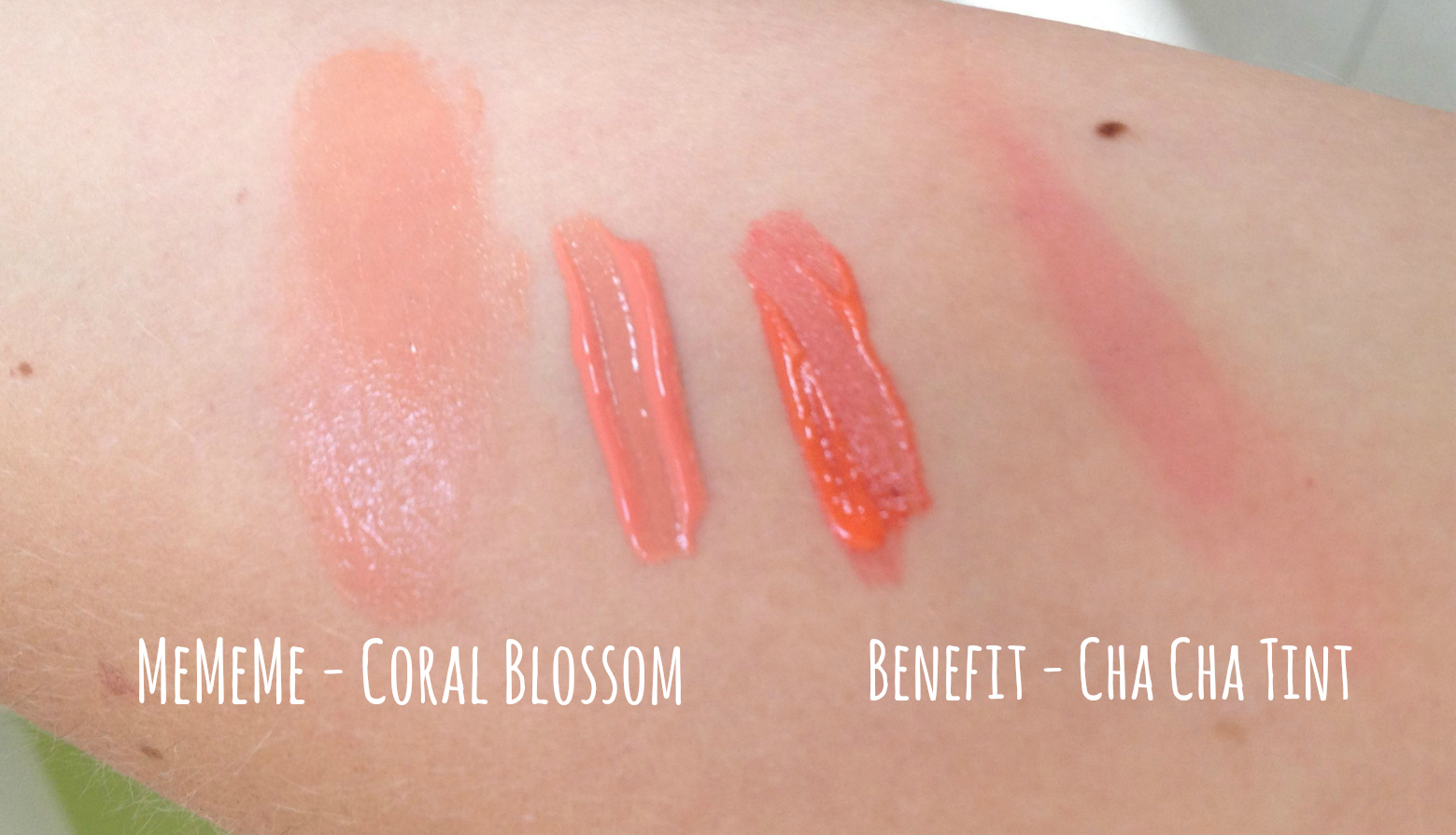 MeMeMe Cosmetics Coral Blossom Lip and Cheek Tint and Benefit ChaCha tint