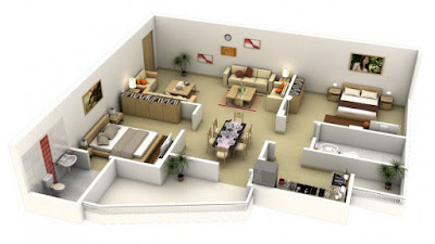Impressive two bedroom 3d floor plans with combined living room dining room 