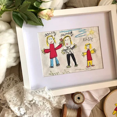 Etsy image of a child's artwork recreated on canvas by embroidery