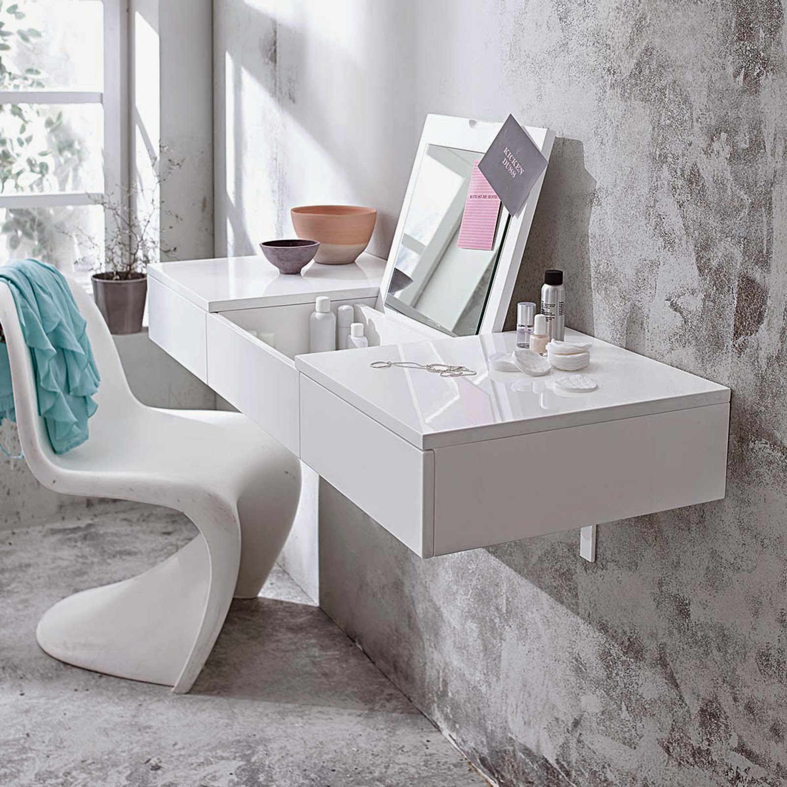 wall mounted modern white dressing table ideas with folding mirror