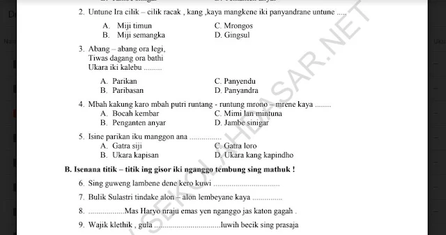 Soal Penilaian Harian K13 Kelas 5 semester 2 Bahasa Jawa Tema 6