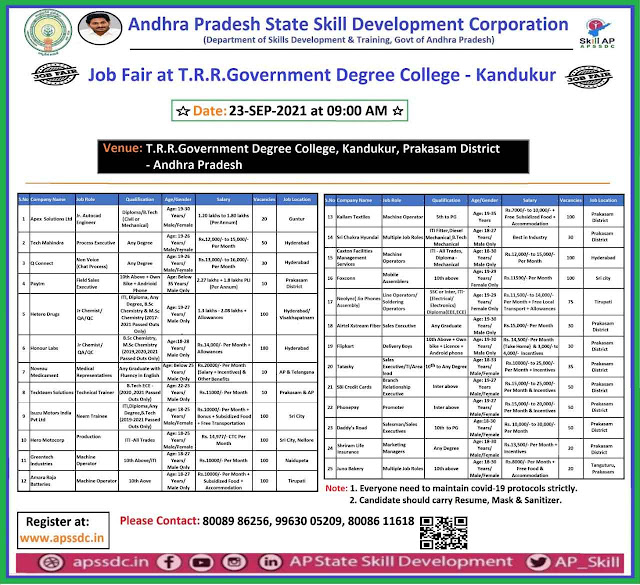 APSSDC JOBS MELA - Prakasam District Job Drive on 23-09-2021@ T.R.R.Government Degree College-Kandukur-Notification