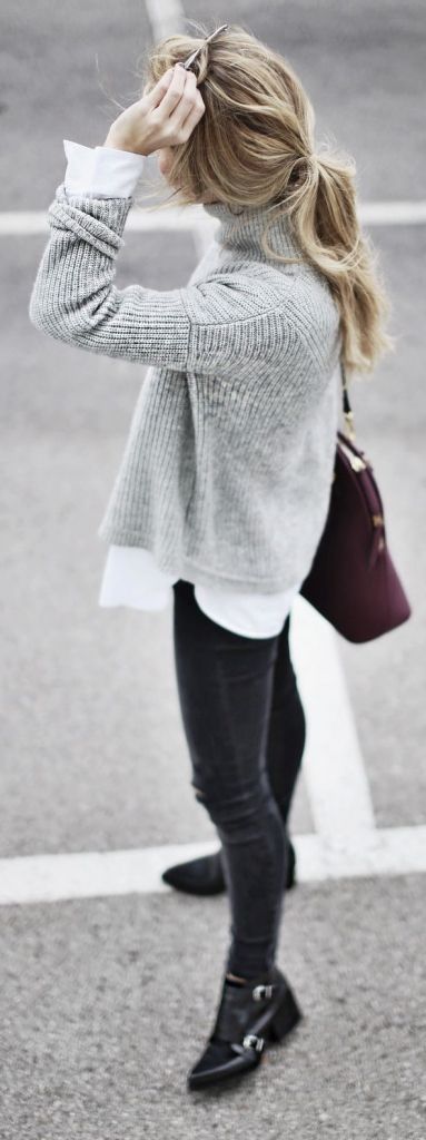 fall street style : grey sweater + shirt + skinny jeans + boots + bag