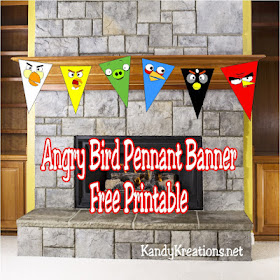 Angry Bird Pennant Banner Printable  Celebrate the Angry Birds this summer with this free printable pennant banner.  These five birds and one pig will have your home squaking with loads of fun at your next Angry birds party.