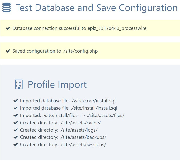 processwire installation database test and saving config