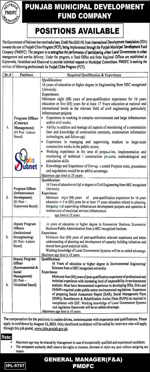 Punjab Municipal Development Fund Comity  PMDFC Company Lahore Management Jobs 2023