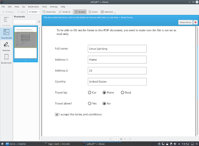 Fill PDF forms Linux Okular