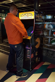 Playing the Pac-Man arcade cabinet at Soul Bowl in Morecambe earlier this year