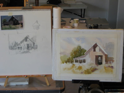 Roland Lee demonstrates painting a barn, starting with a pencil value study