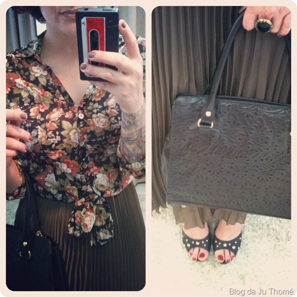 look detalhes camisa floral com fundo preto bolsa de couro