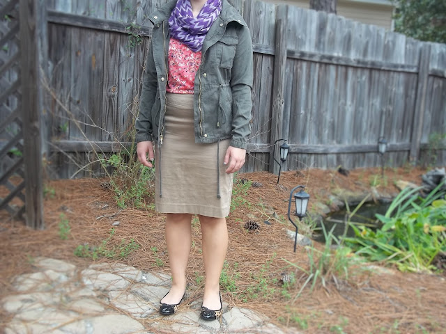 military jacket comfort zone pencil skirt floral top chevron scarf leopard flats pattern mixing outfit inspiration 