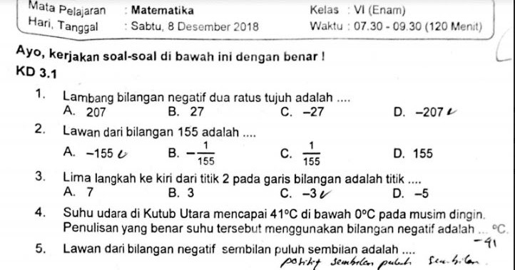 Soal Ulangan Harian Matematika Kelas 6 Semester 1 