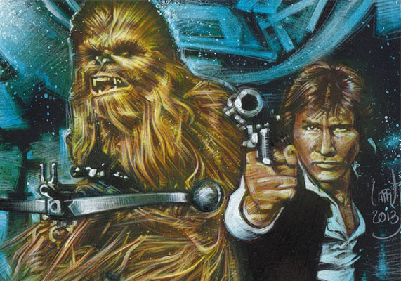 Harrison Ford and Peter Mayhew as  Han Solo & Chewbacca, ACEO Sketch Card by Jeff Lafferty