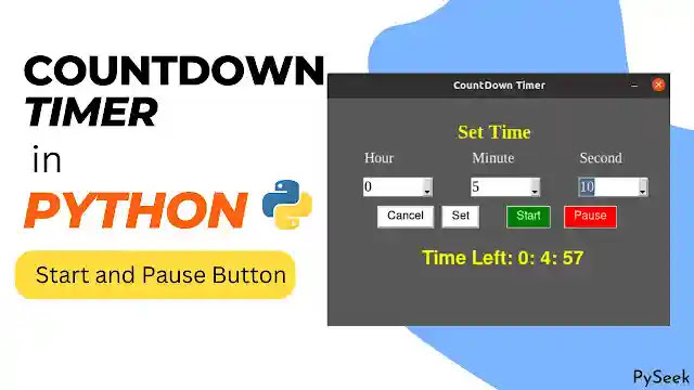 A thumbnail showing a countdown timer with start and pause features coded using Python