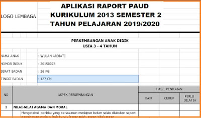 Aplikasi Raport PAUD Kurikulum 2013 Semester 2 Tahun Pelajaran 2019/2020