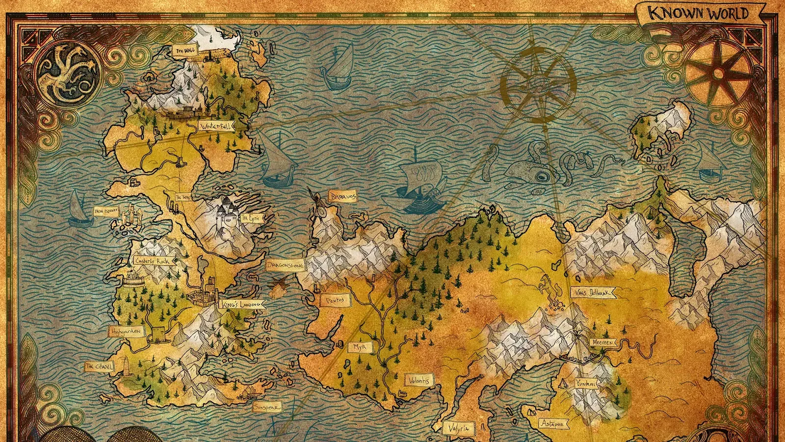 A map showcasing unexplored territories and distant lands beyond the familiar kingdoms of Westeros