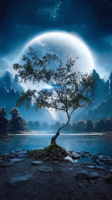 Fundo de Tela: Natureza Paisagem com árvore, lago, lua e montanha é uma imagem em alta resolução hd grátis.