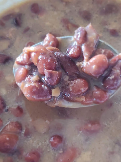 homestyle pinto beans and ham in a bowl with spoon