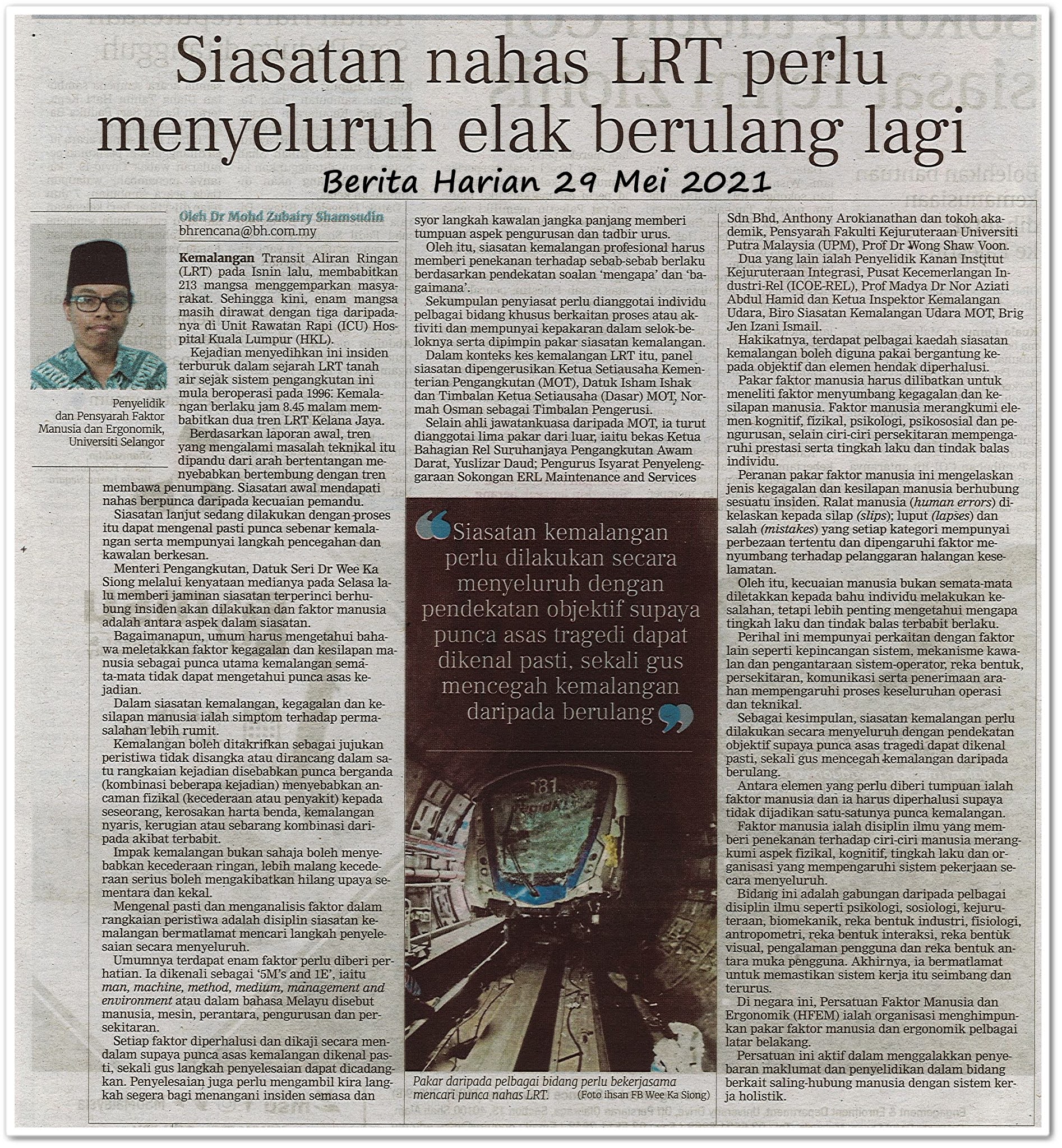 Siasatan nahas LRT perlu menyeluruh elak berulang lagi - Keratan akhbar Berita Harian 29 Mei 2021