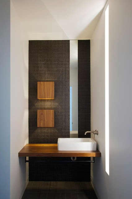 Thoughts on finding a personal style in decor black and white bathroom, black mosaic tile, wood in bathroom,