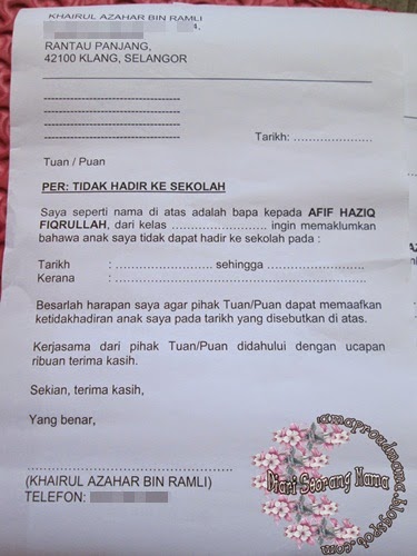 Surat Rasmi Tidak Hadir Ke Sekolah