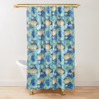 Photo of a shower-cutain, sporting a happy fish pattern design.