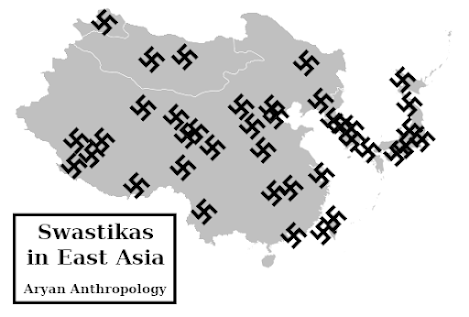 Map of East Asia showing a small selection of locations where swastikas have been found.