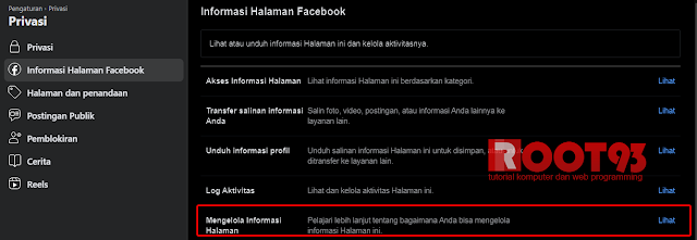memilih menu Informasi Halaman Facebook untuk menonaktifkan