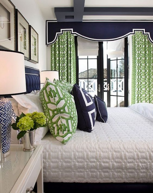bedroom with navy and green decor