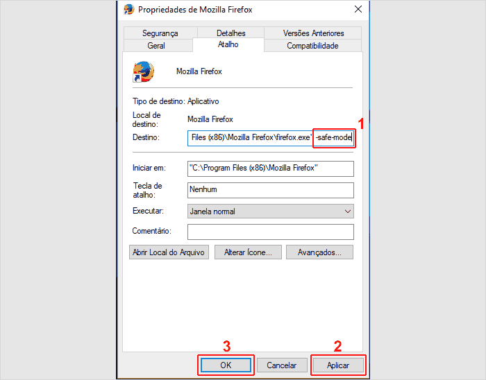 Adicionando o comando -safe-mode no atalho para abrir sempre pelo modo de segurança