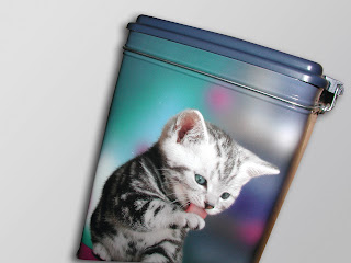Bild eines Kätzchens auf einer Blechdose gedruckt