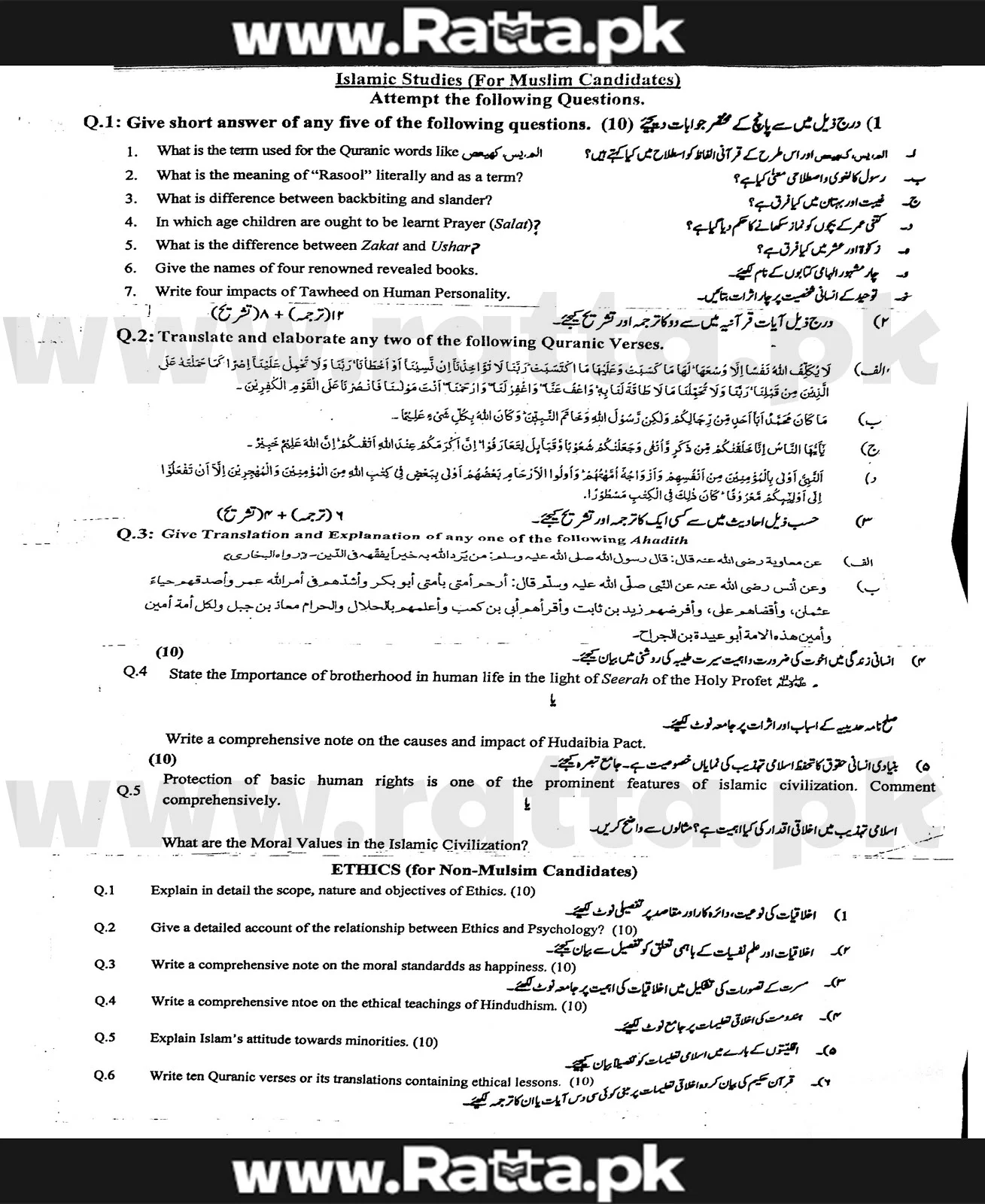 BA Islamic Studies/Ethics Past Paper 2018