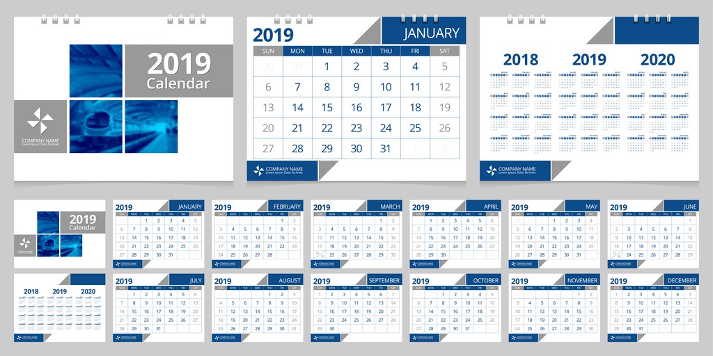 Calendario de escritorio color azul, para el año 2019