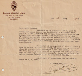 II Torneo de Maestros Catalanes 1936, invitación del Escacs Comtal Club a Àngel Ribera