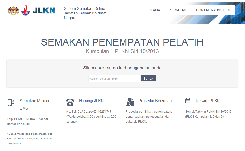 Semakan Online Penempatan Pelatih PLKN Kumpulan 1 Siri 10/2013